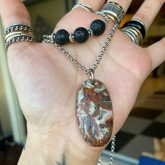 Double layer necklace lava rock red leopard jasper - Picture 5 of 11